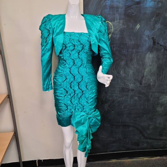 Vintage Teal Sequin Tube Dress & Bolero - Picture 2 of 9